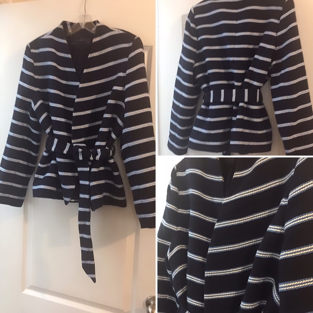 Navy, w/ White and Blue Stripes, Tie Waist Blazer